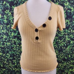 AE Yellow Rib Knit Button Front Crop Top Medium